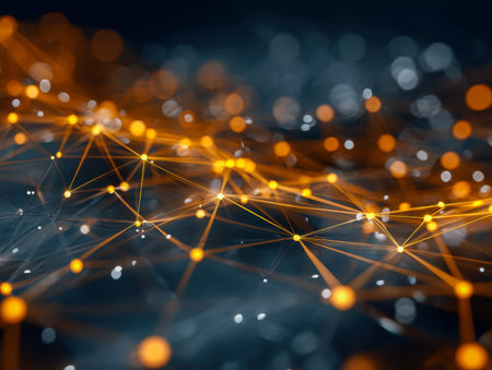 A vibrant digital web of luminous orange points linked by intricate lines, illustrating advanced...