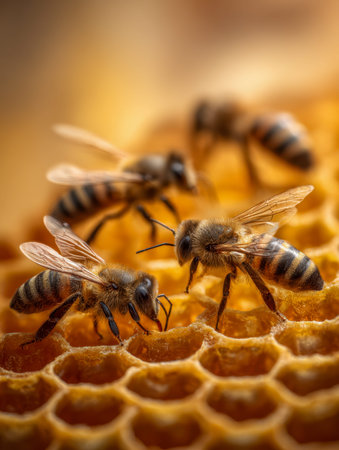 A detailed view capturing busy worker bees clustering on intricate wax hexagons, illuminated by warm...