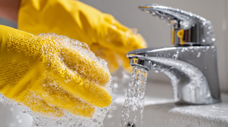 A hand adorned with bright yellow protective gloves rinses away fluffy soap suds at a sleek bathroom...