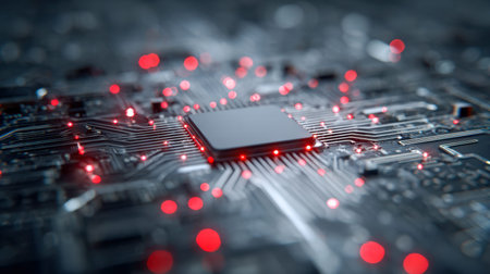Sleek, high-tech circuit board featuring a central microprocessor surrounded by illuminated red...