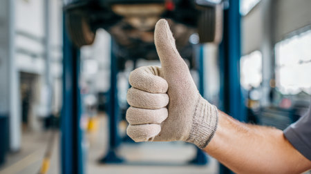 A diligent worker in safety gloves confidently signals approval amid a bustling workshop illuminated by natural sunlight, with machinery softly fading into the backgの写真素材