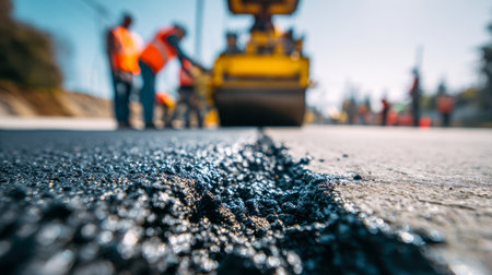 Bright daylight illuminates a busy startup of new asphalt, with workers in safety vests supervising machinery as it smooths and presses the road surface.の写真素材