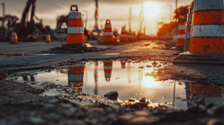 A row of vivid orange cones arcs along a textured city street, their reflections shimmering in pooling rain beneath a golden dusk, evoking a gritty, hardworking vibeの写真素材