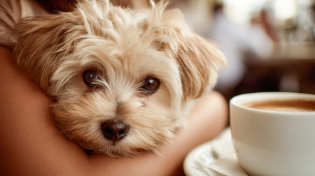 A heartwarming scene showing a gentle, cuddly puppy nestled in tender arms beside a steaming mug, evoking feelings of comfort and homely tranquility indoors.の写真素材