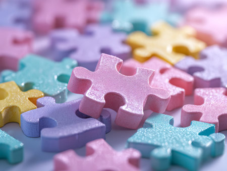 Vibrant pastel puzzle fragments glisten softly, arranged randomly with a blurred backdrop, evoking imagination and collaboration in a whimsical, inspiring setting.の写真素材