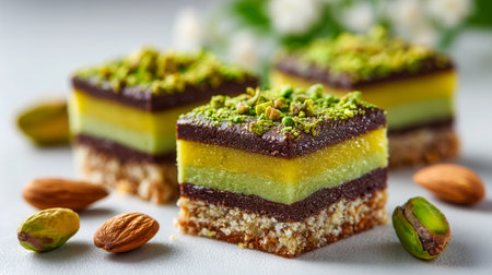 An eye-catching set of colorful layered dessert bars featuring pistachio and almond flavors, topped with rich chocolate and sprinkled with crunchy nuts, creating a delighの写真素材