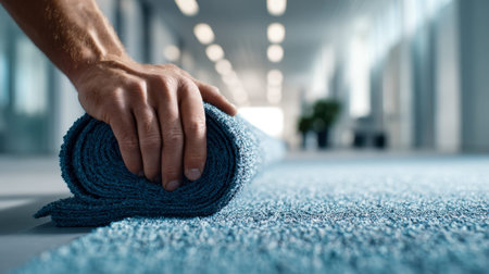 A person unrolls a patterned blue carpet along a sleek, sunlit office passage lined with greenery,...