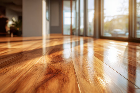 Sunlight floods a sleek, airy living space, illuminating lustrous wooden flooring and highlighting contemporary design elements with a warm, inviting glow.の写真素材