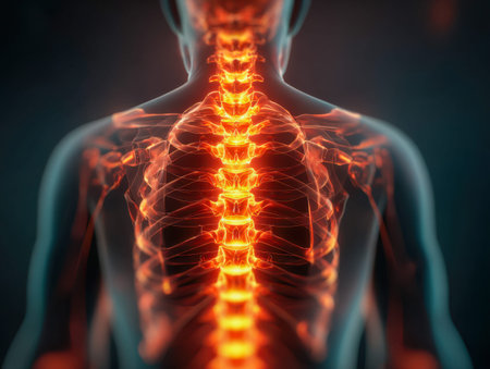 An illuminated depiction of the upper vertebral column and ribcage in vivid orange hues, emphasizing...