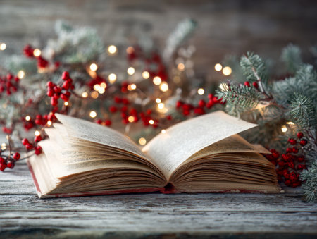 A charming scene featuring an aged book sprawled open on textured wood, accented by vibrant red berries, fragrant pine foliage, and gentle amber string lights creatiの写真素材