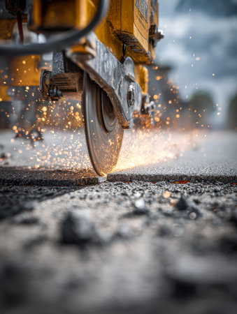 A heavy-duty saw sparks brightly as it cuts through rugged asphalt at a bustling construction zone...