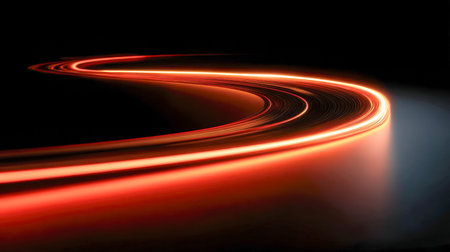 Vibrant crimson arcs sweep across a glossy black foundation, forming a sleek, high-tech corridor...