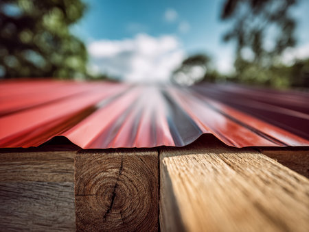 Vibrant red corrugated panelsrest atop sturdy wooden supports, set against a clear blue sky with gentle clouds and lush greenery framing the scene.の写真素材