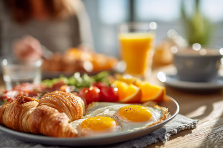 A cozy morning setting features a vibrant breakfast spread with perfectly cooked eggs, flaky croissants, ripe cherry tomatoes, and juicy orange wedges, complementedの写真素材