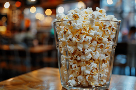 Bustling cinema cafeteria ambiance with a tempting large serving of popcorn in a prominent glassの写真素材