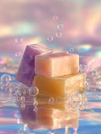 Brightly hued soap slices rest in a neat tower, surrounded by shimmering bubbles on a glossy surface, set against a gentle pastel backdrop evoking serenity.の写真素材