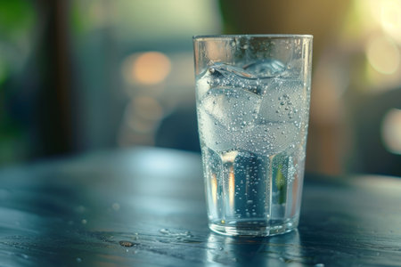 Refreshing purified water in a transparent glass with droplets, on a pristine white surfaceの写真素材