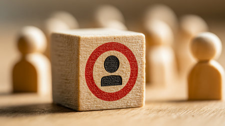 A wooden indicator featuring a user silhouette encased in a bold red circle with a line through it, set against a backdrop of blurred figures on a textured table surの写真素材
