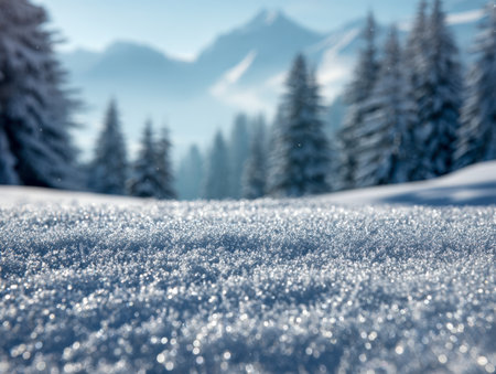 Delicately glistening frost blankets the earth, while a gentle haze envelops a towering pine forest against a stunning mountain skyline in tranquil winter quiet.の写真素材