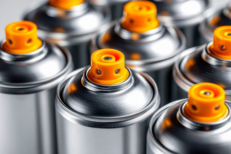 An assembly of sleek, reflective silver spray containers with vivid orange nozzles, clustered in a...