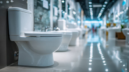 Sleek white ceramic fixtures arranged in a luminous showroom with reflective flooring and soft lighting, highlighting contemporary options for upgrading bathroom spaの写真素材
