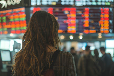Woman observing fluctuating stock prices on digital display in busy stock exchange with tradersの写真素材