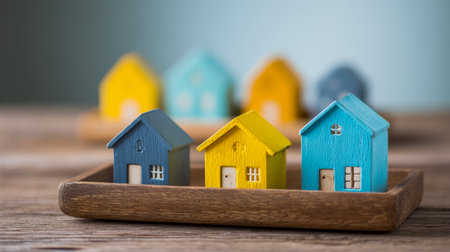 Vibrant miniature wooden homes are meticulously organized on a sleek tray, evoking charming neighborhoods, with softly blurred duplicates enhancing the cozy, handcraftedの写真素材
