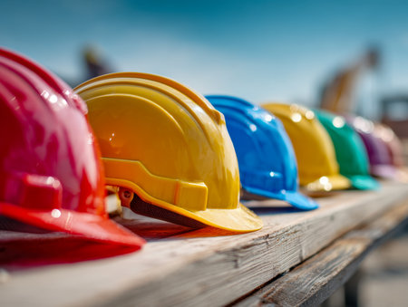 Vibrant protective helmets arranged on rustic wood, symbolizing teamwork and safety amid a bustling outdoor construction zone under bright, cloudless skies.の写真素材