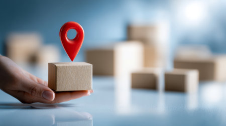 A focused hand presents a compact package featuring a vivid red pin icon, set against a softly blurred backdrop that highlights efficient planning and precise deliveryの写真素材