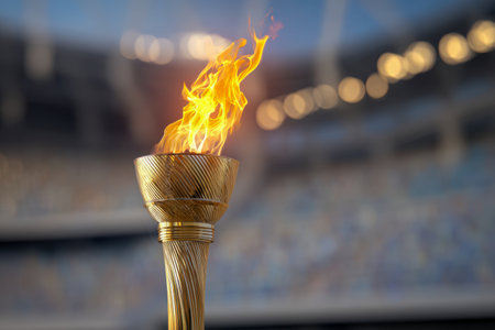 A gleaming ceremonial torch with a fierce, burning flame stands tall amid stadium glow, surrounded by a vibrant, blurred crowd and shimmering ambient lights.の写真素材