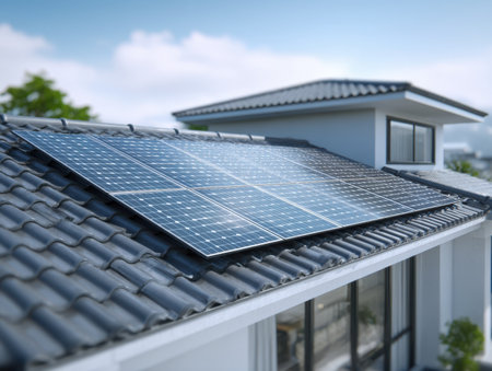 A contemporary home rooftop adorned with sleek solar arrays, set against a crisp azure sky, highlighting eco-friendly innovations in suburban living.の写真素材