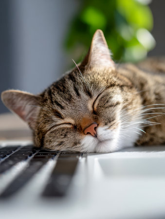 A cozy scene featuring a tranquil tabby feline napping softly atop a laptop, bathed in warm sunlight, with lush greenery softly blurred beyond for a serene, inviting atmoの写真素材