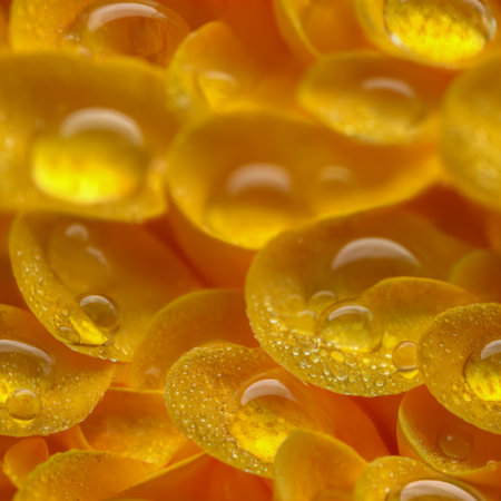 Sunlit yellow petals adorned with tiny droplets, evoking a sense of renewal and vitality through their dewy, shimmering surface and soft natural glow.の写真素材