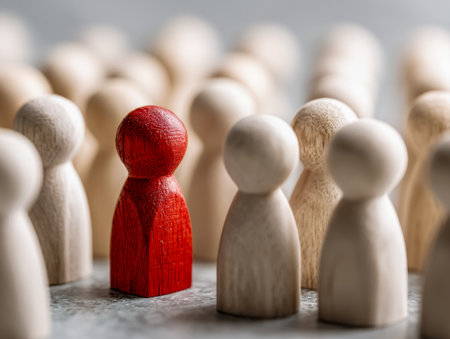 A vibrant red wooden figure rises above a sea of neutral-toned counterparts, capturing attention and embodying the spirit of distinction and confident guidance amid a bluの写真素材