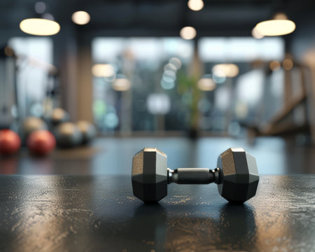 Black desk with free space, gym interior, metal dumbbells fitness lifestyle conceptの写真素材