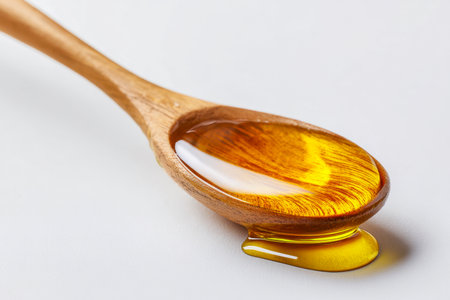 A rustic wooden spatula cradles rich, amber honey that softly flows onto a pristine white background, evoking natural warmth and glossy appeal.の写真素材
