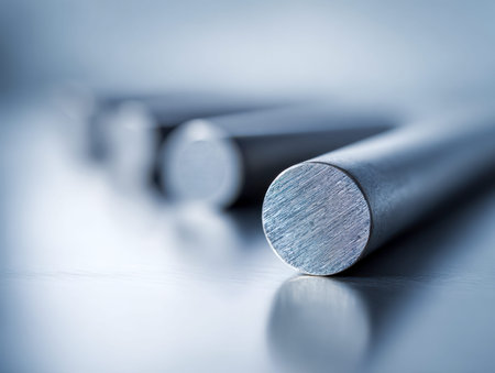 Sleek metallic cylinders aligned uniformly, their textured tips catching and mirroring subtle light...