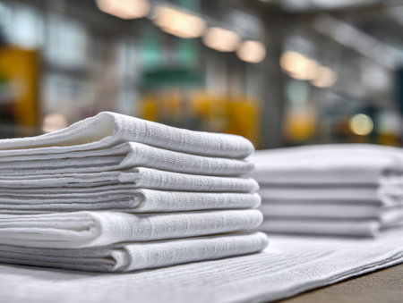 Bright, pristine cotton linens are carefully layered in a spacious facility, with an out-of-focus industrial setting creating a calm, professional atmosphere.の写真素材