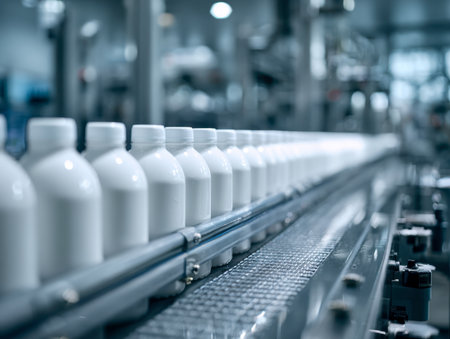 A sleek, high-tech manufacturing environment showcasing an orderly flow of uniform white bottles on a conveyor, surrounded by advanced machinery in a spotless settinの写真素材