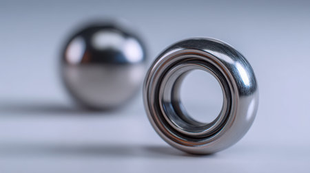 A polished metallic sphere and a precision bearing rest on a plain backdrop, highlighting sleek, reflective surfaces that embody modern industrial engineering and deの写真素材