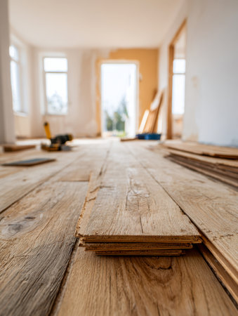 Sunlight fills an unfinished space as workers lay aged wooden boards, with tools and materials scattered, ready to transform the raw room into cozy livable space.の写真素材