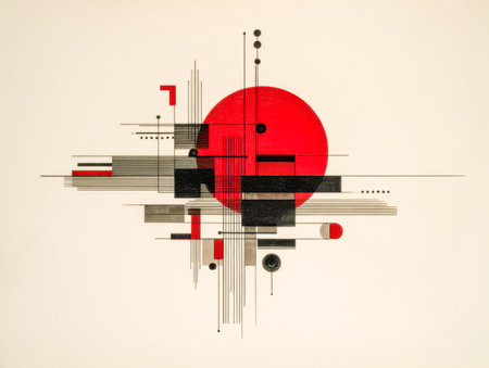 A striking modern design featuring a bold red circle layered with sleek black and gray shapes, accented by delicate lines on a warm beige backdrop.の写真素材