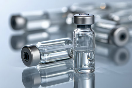 Sleek glass vials with metallic caps rest on a mirror-like surface, their pristine transparency embodying cleanliness and precision in medical and pharmaceutical environmの写真素材