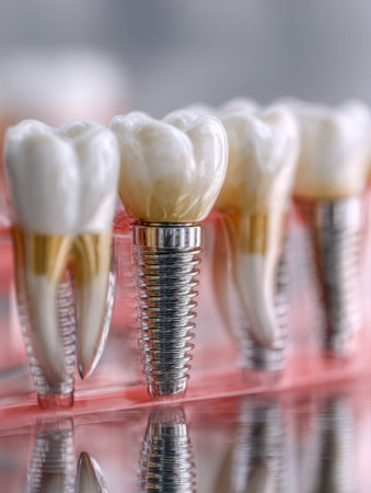 An intricate cross-sectional diagram showing artificial tooth replacements, highlighting roots and metallic fixtures for dental health education and modern restorativeの写真素材