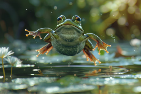 Whimsical flying frog laughing. capturing unexpected nature moments with realistic detailの写真素材
