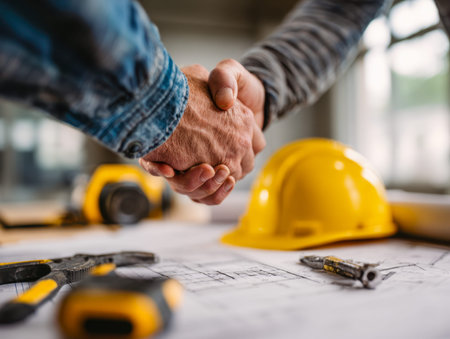 Two professionals exchange a firm handshake amid detailed plans and essential tools, symbolizing...