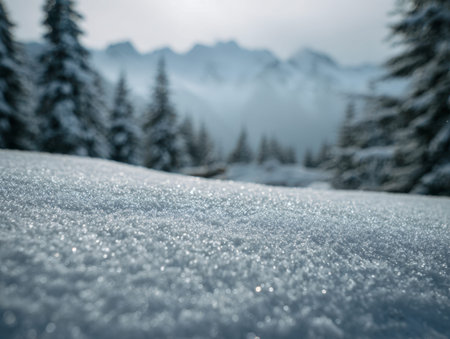 A serene winter scene where glistening snow envelops dense evergreen woods, with mist-shrouded...