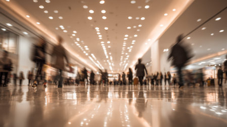 Dynamic figures in swift movement fill a sleek, contemporary mall illuminated by vibrant overhead...
