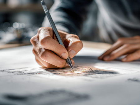 An experienced architect concentrates intently on precise drawings, using a mechanical pencil to...