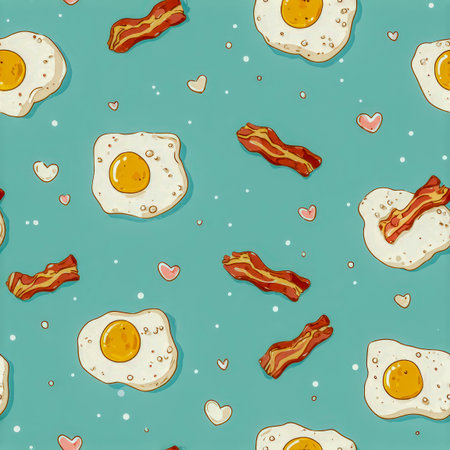 A lively repeat design showcasing sunny-side-up eggs and crunchy bacon slices interspersed with adorable heart motifs on a bright turquoise backdrop, perfect for whiの写真素材